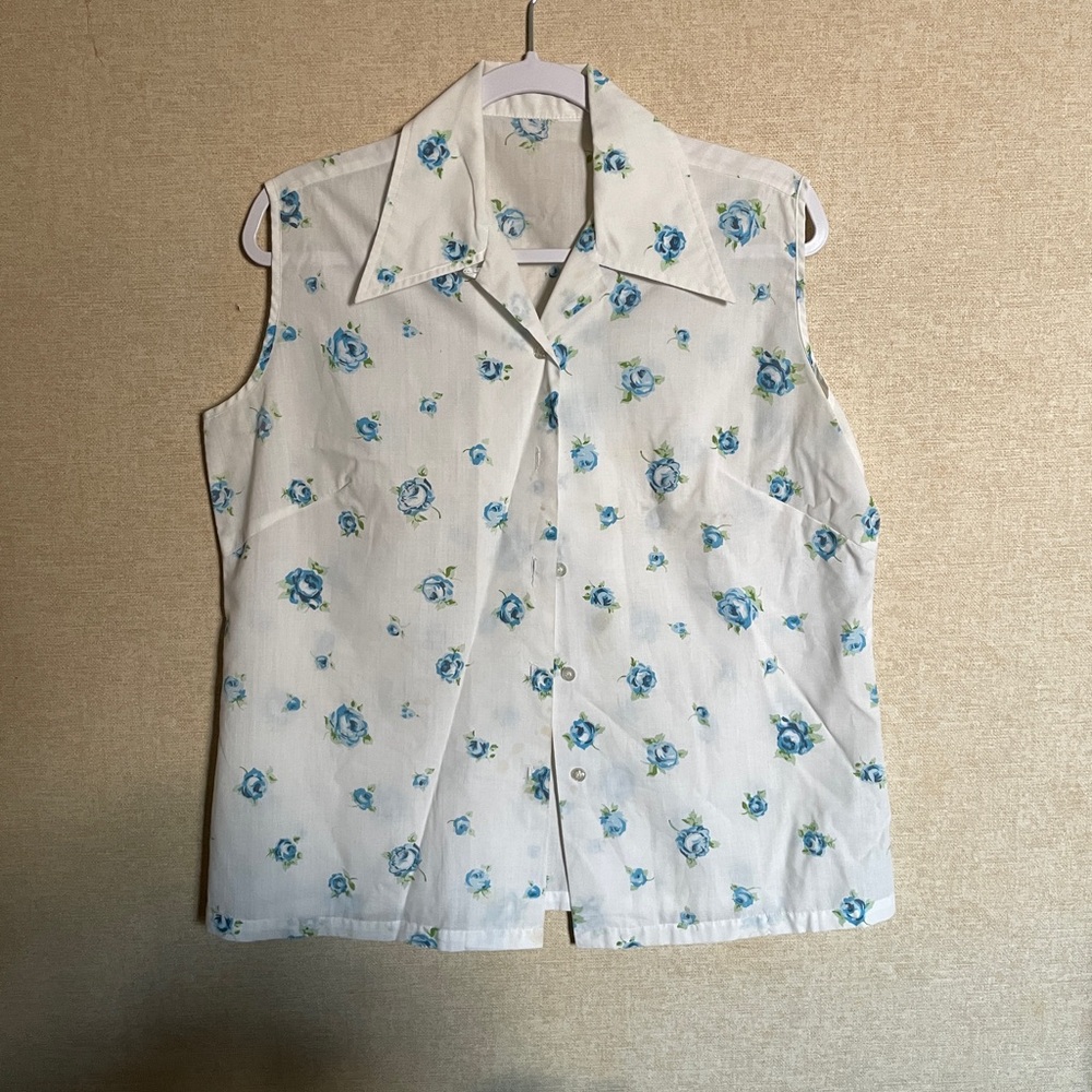 Vintage 70s Floral Pointed Collar Sleeveless Button Down